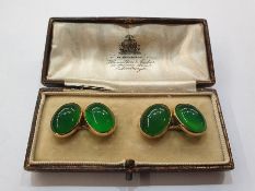 Pair 9ct gold and green cabochon stone cufflinks, each set pair oval green hard stonesCondition