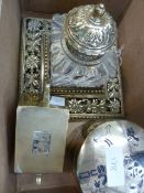 Glass and brass inkstand, the brass stand with cut foliate design, square with the fitted inkwell