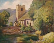 T Marshall Furness (19th/20th century, British) Oil on board Study of a church with mountain, signed