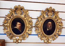 Pair Dutch-style oils on panel Bearded gentleman wearing large brimmed hat and another wearing a