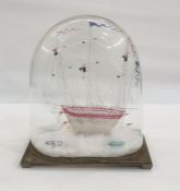 Early to mid 19th century glass triple-masted sailing ship showing climbing sailors, two other