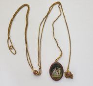 Antique gold-plated, ruby and miniature on ivory pendant, oval, painted with mid eighteenth