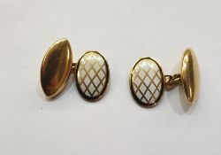Pair 18ct gold and white enamel oval and marquise shaped cufflinks, each oval having latticework