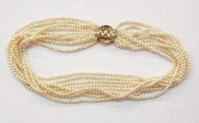 Freshwater pearl nine strand 18ct gold pearl and diamond set choker necklace, the circular 18ct gold