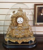 French gilt metal and alabaster mantel clock, the drum-shaped movement flanked by figure of girl