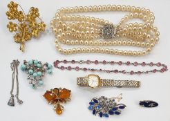 Quantity of costume jewellery including faux-pearls, beads, brooches, watch, earrings and assorted