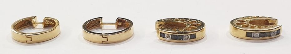 Pair 14ct gold sapphire and diamond hoop earrings and another pair 14ct gold circular hoop earrings