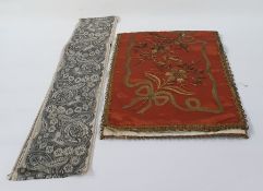 Length of 19th century gilt metal thread embroidery with sequin detail on a rust-coloured satin