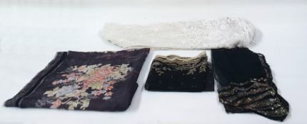 Black lace shawl with cream lace detail, black net scarf with sequin detail, length of black silk