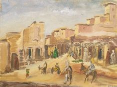 W.G. Scott-Brown 'Bill' (1897-1987) Acrylic on board Village in Morocco, entitled verso 30cm x 40.