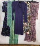 Blue figured satin 1940's day dress with belt, a chiffon cocktail dress labelled 'Fiona Dresses',