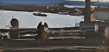 20th century school  Oil on panel  Twilight river scene, 22cm x 45.5cm  Condition ReportPlease see