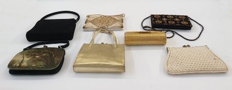 Gilt metal hard cased evening bag with diamante detail to the clasp, a beaded evening bag, a gold