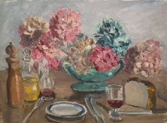 W.G. Scott-Brown 'Bill' (1897-1987) Acrylic on canvas Still life study of hydrangeas in vase and