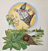 Owen Wood Watercolour Mole jumping for joy, original watercolour for the dust jacket for the Wind in
