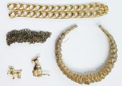 Gilt metal choker of twisted wire design, animal brooches, clip earrings, beads and other