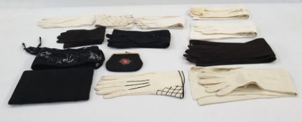 Quantity of vintage kid and leather evening gloves, long and short, pearl buttons, an embroidered