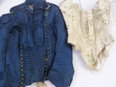 Navy blue satin Victorian bodice with pin-tuck gathering and double-breasted with buttons, a satin