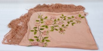 Peach-coloured Chinese silk embroidered shawl embroidered in one corner and a black embroidered