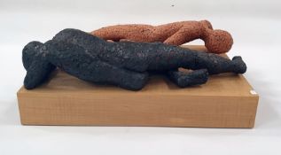 Marlene Badger terracotta sculpture - two reclining gentlemen on wooden base, 42cm long