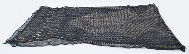 Early 20th century Assuit shawl with silver metal design on black mesh, 71cm wide x 240cm long