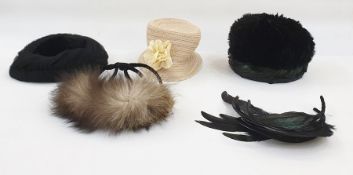1950's hats - feathered hat, black straw coolie hat with faux flower and net detail, feathered hat