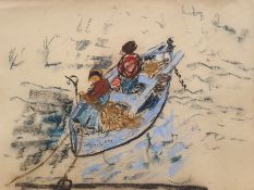 W. G. Scott-Brown 'Bill' (1897-1987) Pastel Figures in boat 'Toulon' mending nets, probably South of