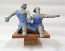 Marlene Badger cement fondue sculpture - just friends, sculpture of skipping figures hand in hand
