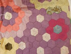 Large early 20th century patchwork quilt with a blue satin valance added and a cream quilt (2)