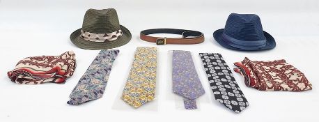Two Lily & Poppy pork-pie gentleman's straw hats, a selection of silk ties including Liberty in