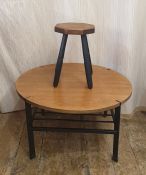 Mid-20th century teak and black metal circular occasional table, 68.5cm diameter together with an
