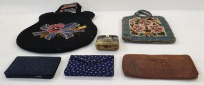 Various vintage evening bags, two beaded and including a fabric polka-dot evening bag, a horn clutch