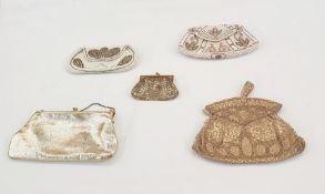 Various vintage evening bags, beaded, a gold kid leather evening bag and a gilt chain-mail purse,