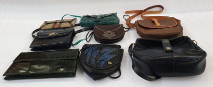 Various vintage leather bags including green-dyed crocodile clutch bag with flap over and stud