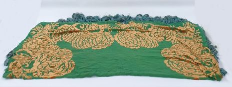 1930's green silk/chiffon shawl with ochre devore velvet design and deep fringe. Square (approx.