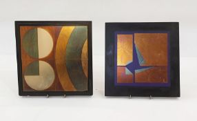 Pair paintings on glass by Hugo Hermann, each in the form of square glass tile, abstract painted