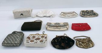 Quantity of various vintage evening bags including a brown suede minaudier with gilt-coloured