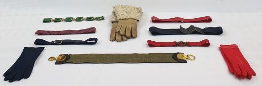 Pair of leather and lambswool vintage gauntlets, a selection of belts, gloves, etc (1 box)