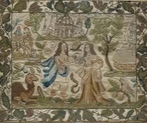 Carolean 17th century stumpwork and embroidered picture on silk with raised details, seedpearl