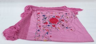 Large pink silk piano shawl, heavily embroidered and deep pink fringe