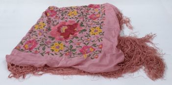 Extra large Chinese embroidered pale pink shawl heavily embroidered with flowers, etc