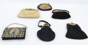 Various vintage evening bags including brown velvet with fixed metal frame, labelled 'Hollywood