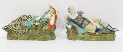 Pair 19th century pearlware pottery reclining figu