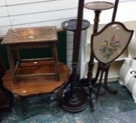 Assortment of furniture to include folding card table, stool, coffee table, two plant stands,