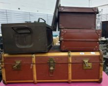 Canvas and wood-bound school trunk and two vintage leather suitcases (3)