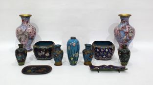 Japanese cloisonne enamel vase decorated irises on a blue ground (damaged) and a large quantity of