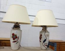 Pair ceramic bodied, cream ground and foliate decorated table lamps , with cream shades (2)