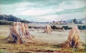 20th century W H Cockburn Watercolour drawing Sheaves of corn drying after harvest, with village