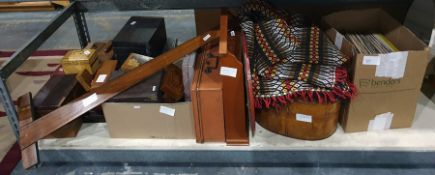 Assorted treen boxes, painted tin case, small book