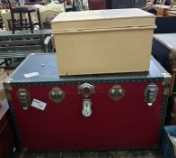 Large canvas and metal travelling trunk and a painted tin trunk (2)